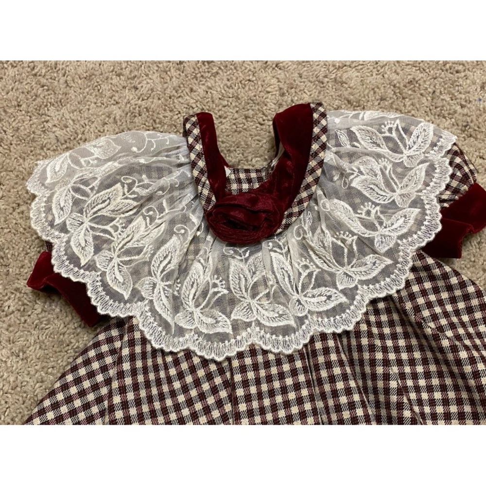 Vintage Maroon Plaid Velvet Lace Collar Christmas Dress 6-9 Months Made In USA - Picture 2 of 6